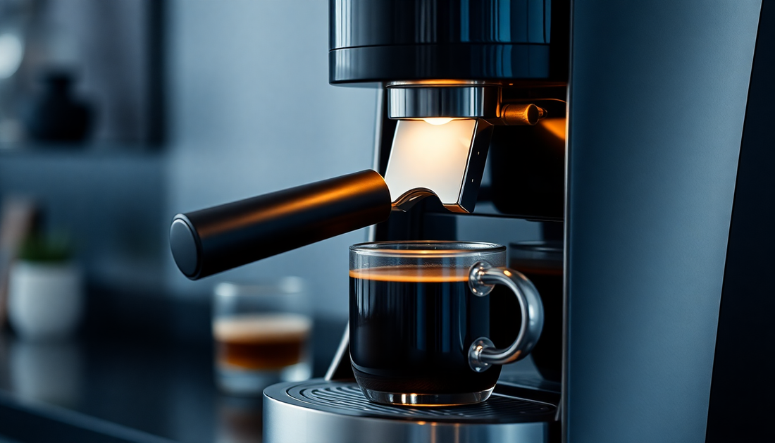 Close-up of an office coffee machine India brewing coffee into a glass cup in a modern office kitchen