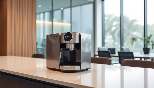 Modern coffee machine on kitchen counter available for coffee machine rental Delhi in stylish office setting