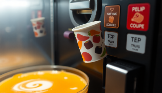 Close-up of vending machine dispensing soup premix cup