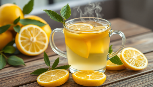 A steaming cup of lemon tea with fresh lemons