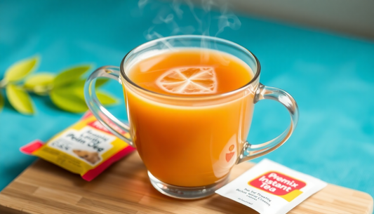 A steaming cup of instant tea with premix packet