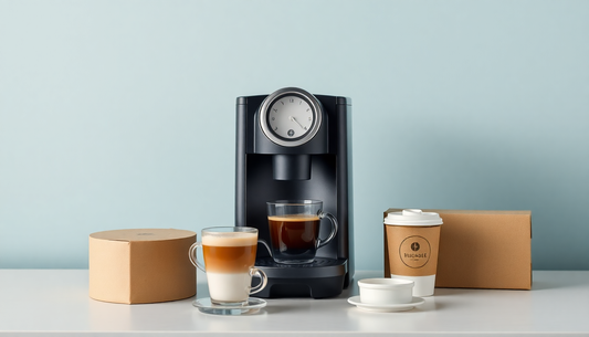 Black espresso coffee machine India with two glass cups of coffee and takeaway cup on white surface