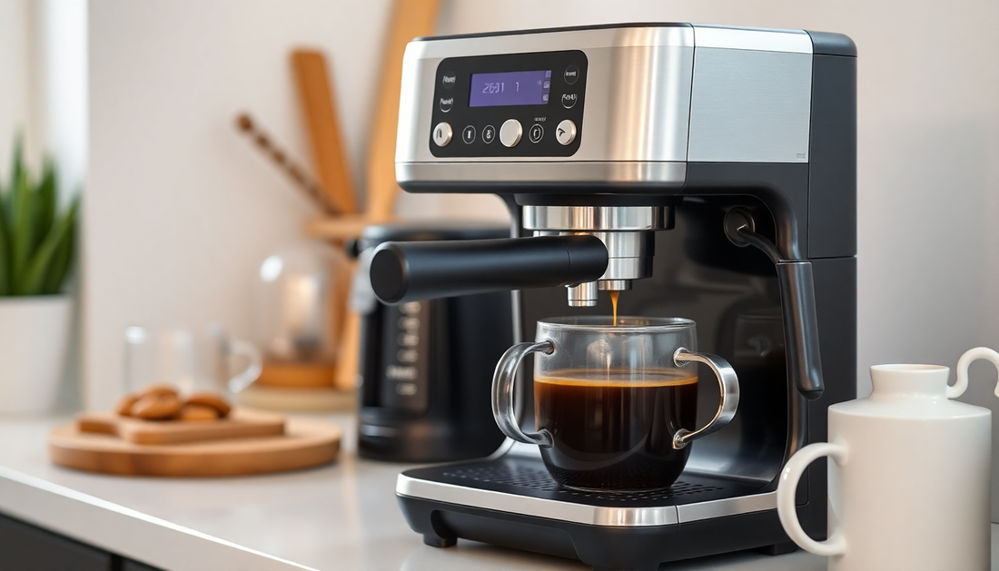 Modern coffee machine brewing fresh coffee in a glass cup on kitchen counter buy coffee machine online Noida