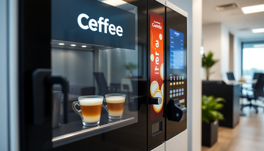 A vending machine dispensing coffee premix in an office