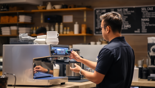 Barista demonstrating coffee machine demo and setup in Noida in a modern coffee shop environment