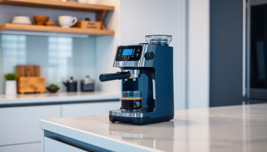 Modern Amazon coffee machine Ghaziabad placed on kitchen counter with fresh espresso brewing
