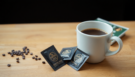 White coffee cup with coffee premix sachets and scattered coffee beans showcasing the best coffee premix under 400