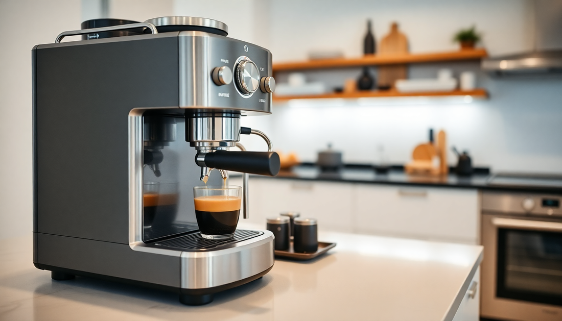Modern espresso machine brewing coffee on kitchen counter, showcasing the best coffee machine amazon india