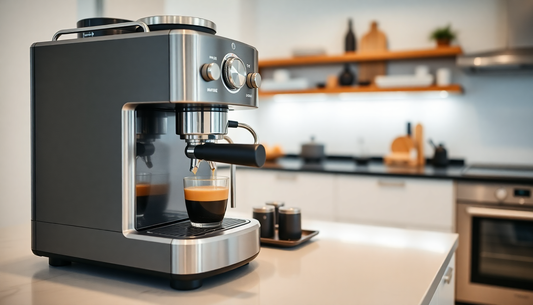 Modern espresso machine brewing coffee on kitchen counter, showcasing the best coffee machine amazon india