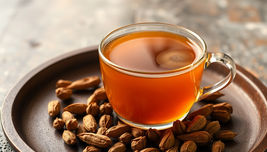 A cup of steaming elaichi tea with cardamom pods