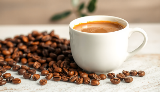 A cup of low sugar coffee premix with coffee beans