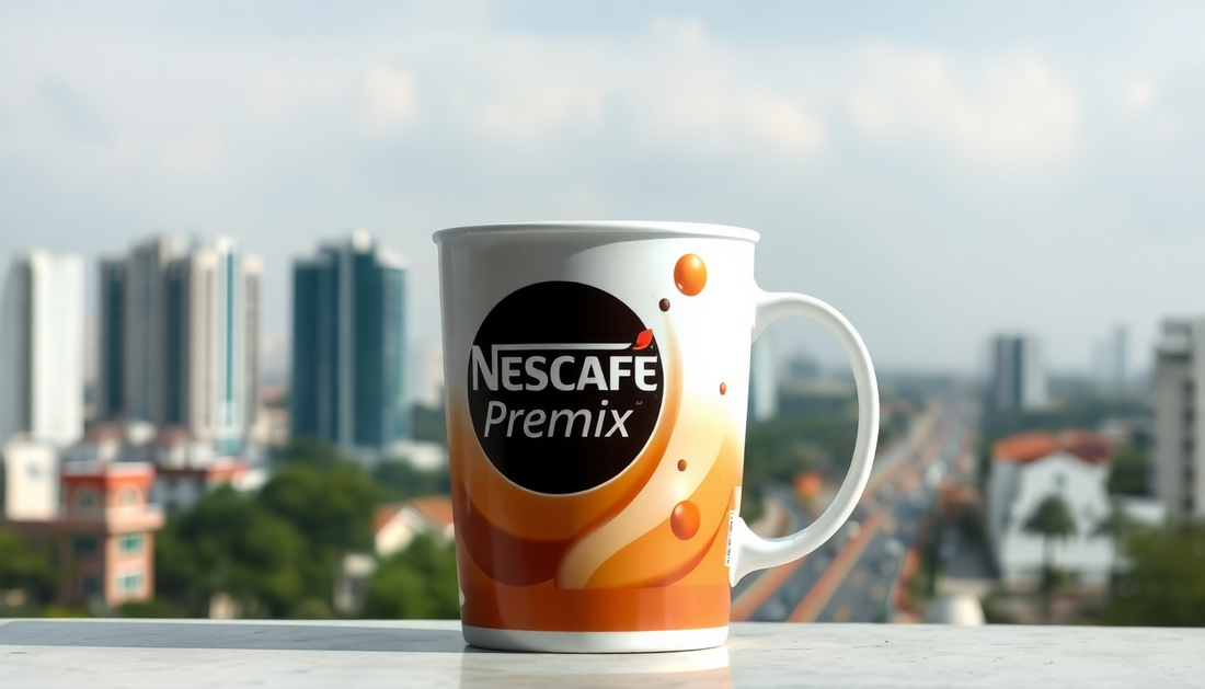 A Nescafe premix coffee cup with Noida city background