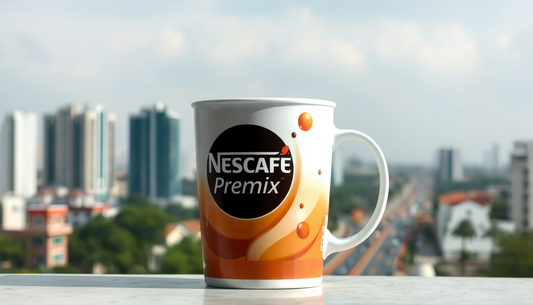 A Nescafe premix coffee cup with Noida city background