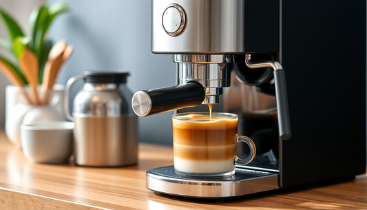 Bean to cup coffee machine India brewing a fresh cup of layered coffee on a wooden kitchen counter