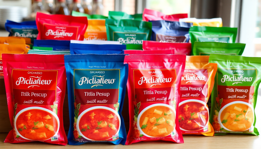 A variety of colorful soup premix packets displayed
