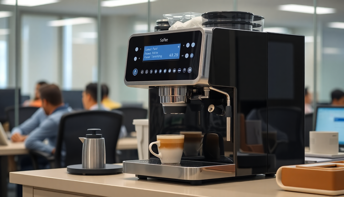 A modern coffee machine in a busy Delhi office