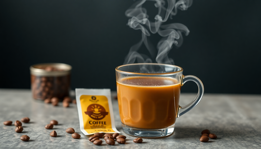 Steaming cup of coffee with coffee beans and 3-in-1 coffee premix Amazon sachet on a gray surface