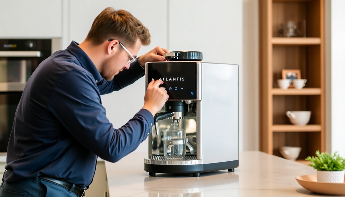Technician performing Atlantis coffee machine installation Faridabad in a modern kitchen setting