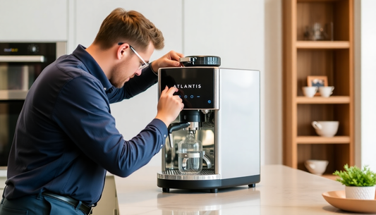 Technician performing Atlantis coffee machine installation Faridabad in a modern kitchen setting