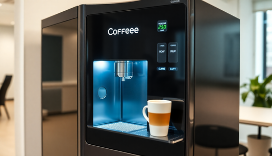 An automatic coffee vending machine dispensing coffee in office