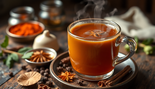 A steaming cup of masala tea with spices in Delhi