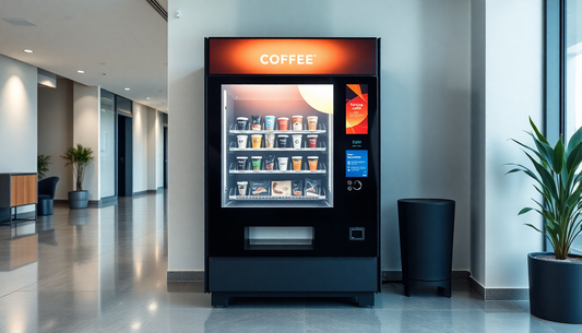 A modern coffee vending machine in an office lobby