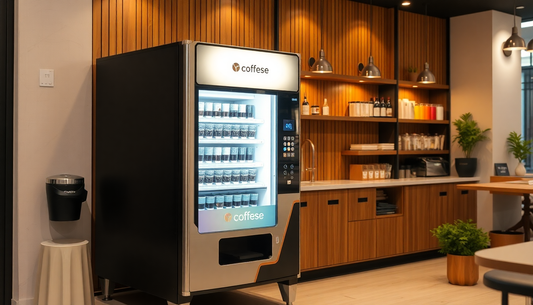 Coffee vending machine inside a modern Coffee Vending Machine Shop in Ghaziabad with wooden interior and shelves