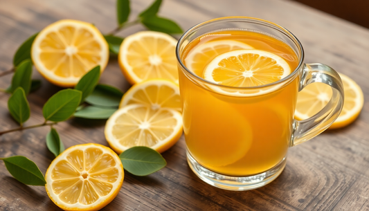 A cup of lemon tea with fresh lemon slices