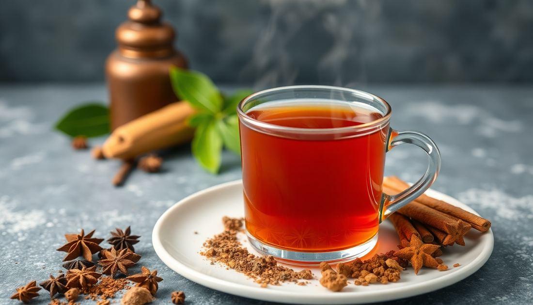 A cup of steaming masala tea with spices beside it