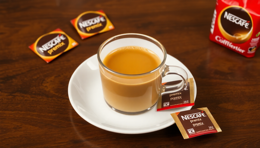 A cup of Nescafé premix coffee with sachets