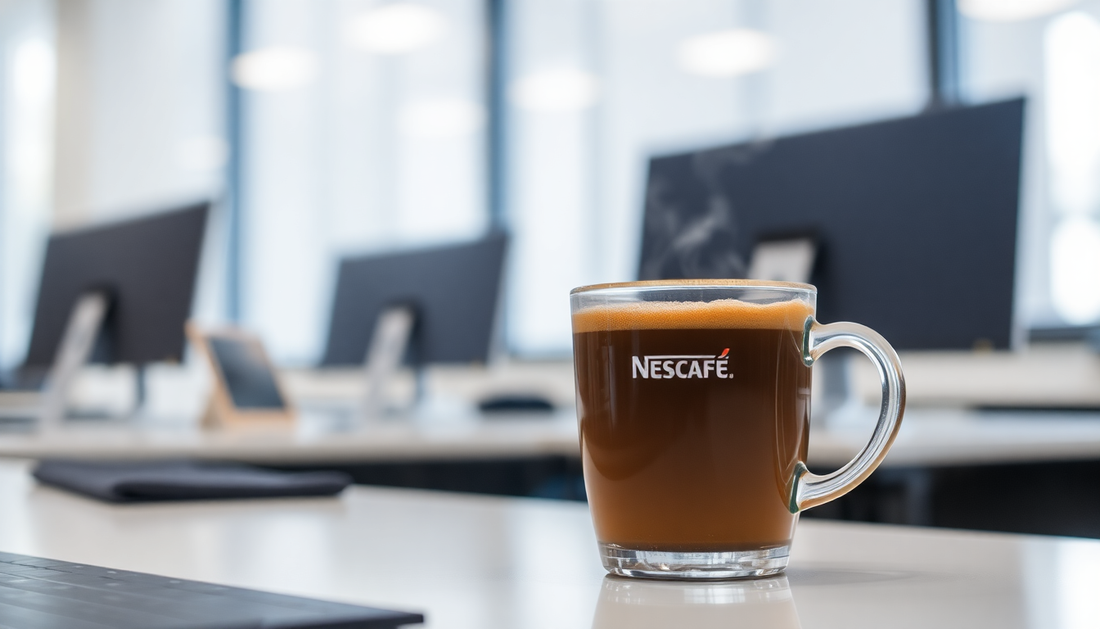 A steaming cup of Nescafe premix coffee in an office