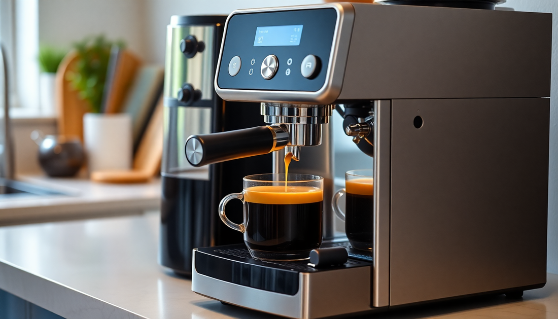 Modern Amazon Coffee Machine NCR brewing fresh espresso on kitchen counter with clear glass cup