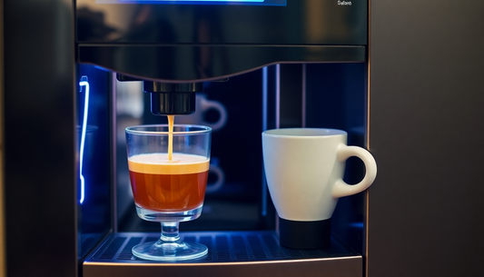 Coffee being dispensed from a vending machine with a glass and white cup, premix coffee vending service near me