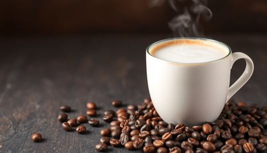 A steaming cup of cappuccino with coffee beans