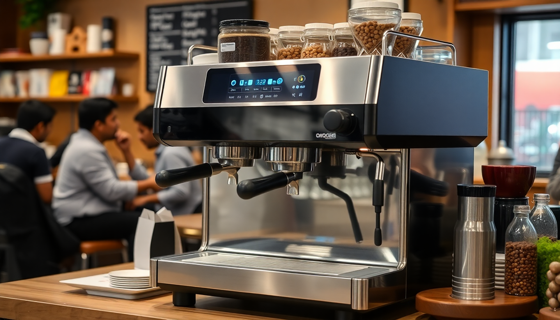 A modern commercial coffee machine in a busy Delhi cafe