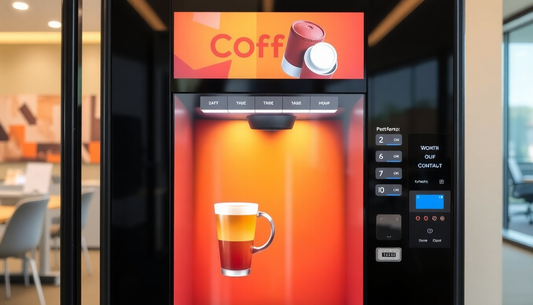 Modern coffee vending machine rental Noida with touchscreen interface and freshly brewed coffee cup