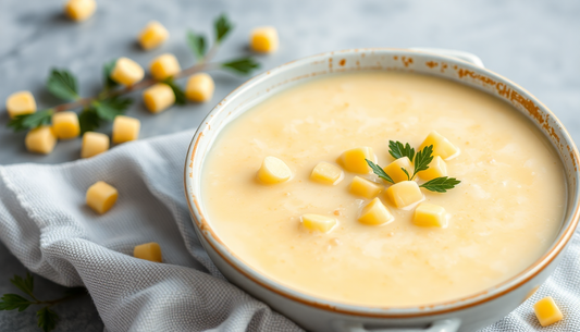 A bowl of creamy sweet corn soup with corn kernels