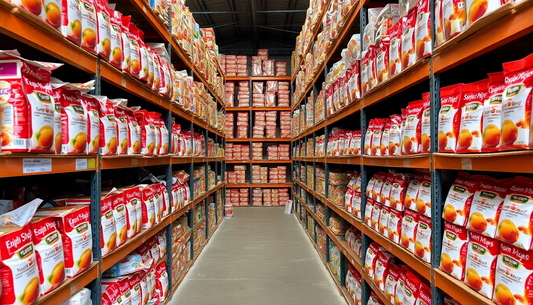 A warehouse with shelves full of soup premix packets