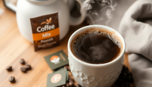 A steaming cup of coffee with coffee premix packets