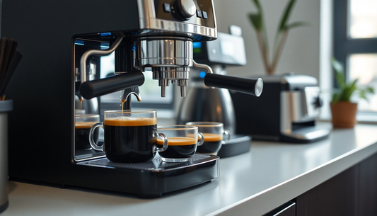 Modern espresso machine brewing coffee with two cups on a counter highlighting NESCAFE COFFEE MACHINE PRICE