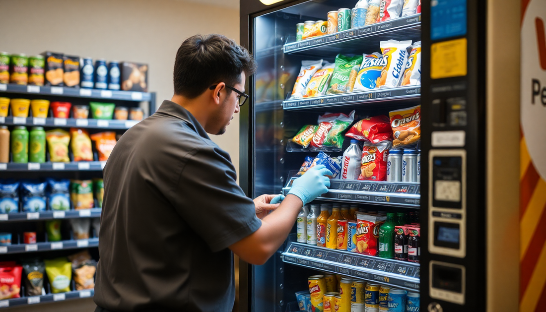 Technician refilling a vending machine with snacks and drinks