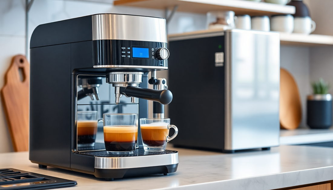 Modern coffee machine brewing espresso shots with glass cups on kitchen counter buy coffee machine online India