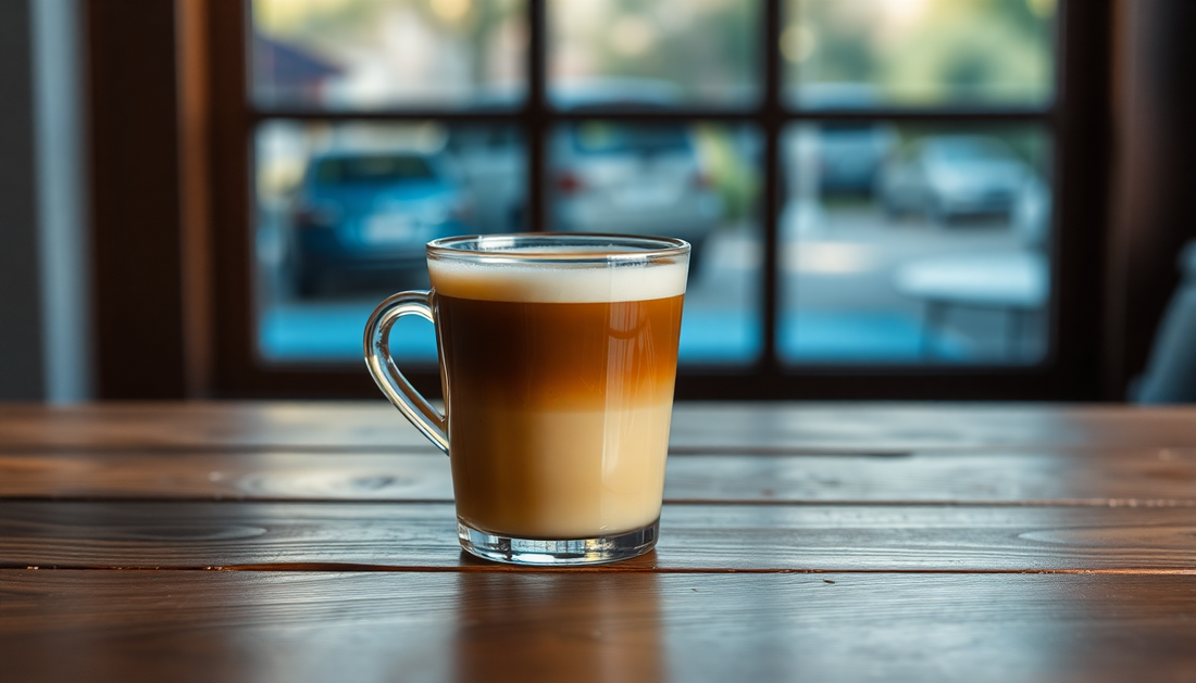 Glass cup of layered coffee on wooden table representing low sugar coffee premix amazon product