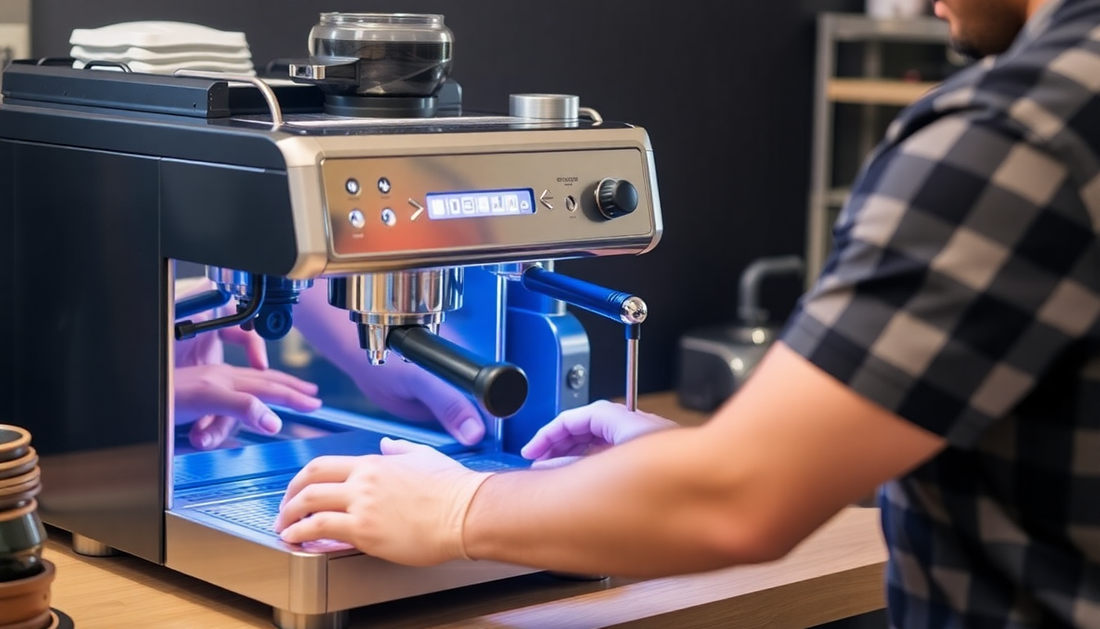 Technician performing Atlantis coffee machine maintenance Faridabad on espresso machine in a cafe setting