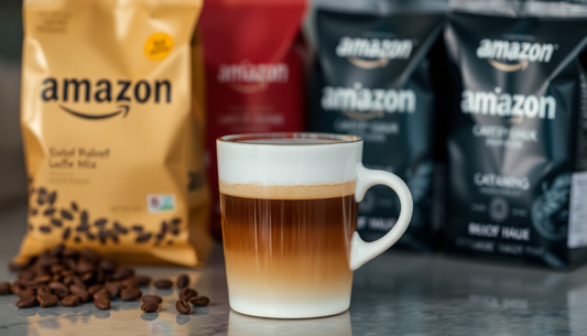 Cup of layered coffee with Amazon coffee mix packets and coffee beans featuring Atlantis Coffee Premix Amazon