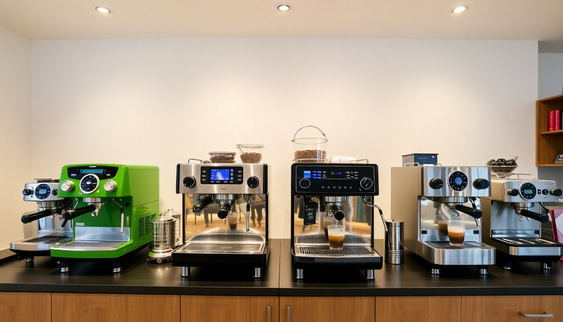 Row of modern coffee machines preparing fresh brews for amazone coffee enthusiasts in a bright kitchen