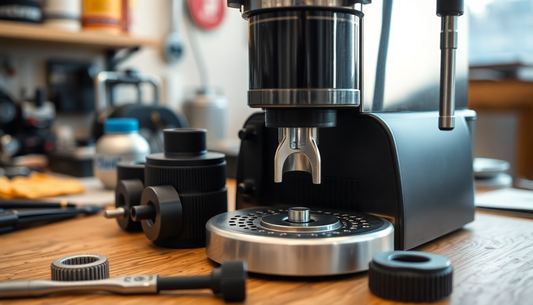 Close-up of Atlantis Coffee Machine Parts Noida on a wooden table with tools and components for coffee machine repair