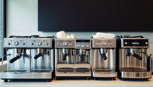 A row of sleek coffee machines in a modern kitchen