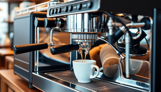 A commercial coffee machine brewing coffee in a cafe