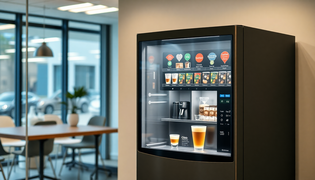 A modern commercial coffee vending machine in an office